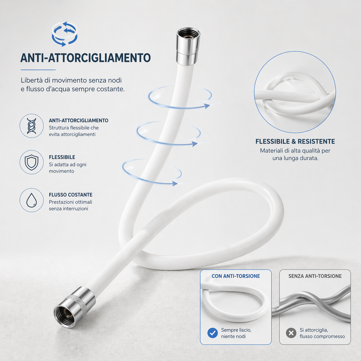 Tubo Doccia 150 cm Universale Bianco con Attacco G1/2” Flessibile Antitorsione e Resistente