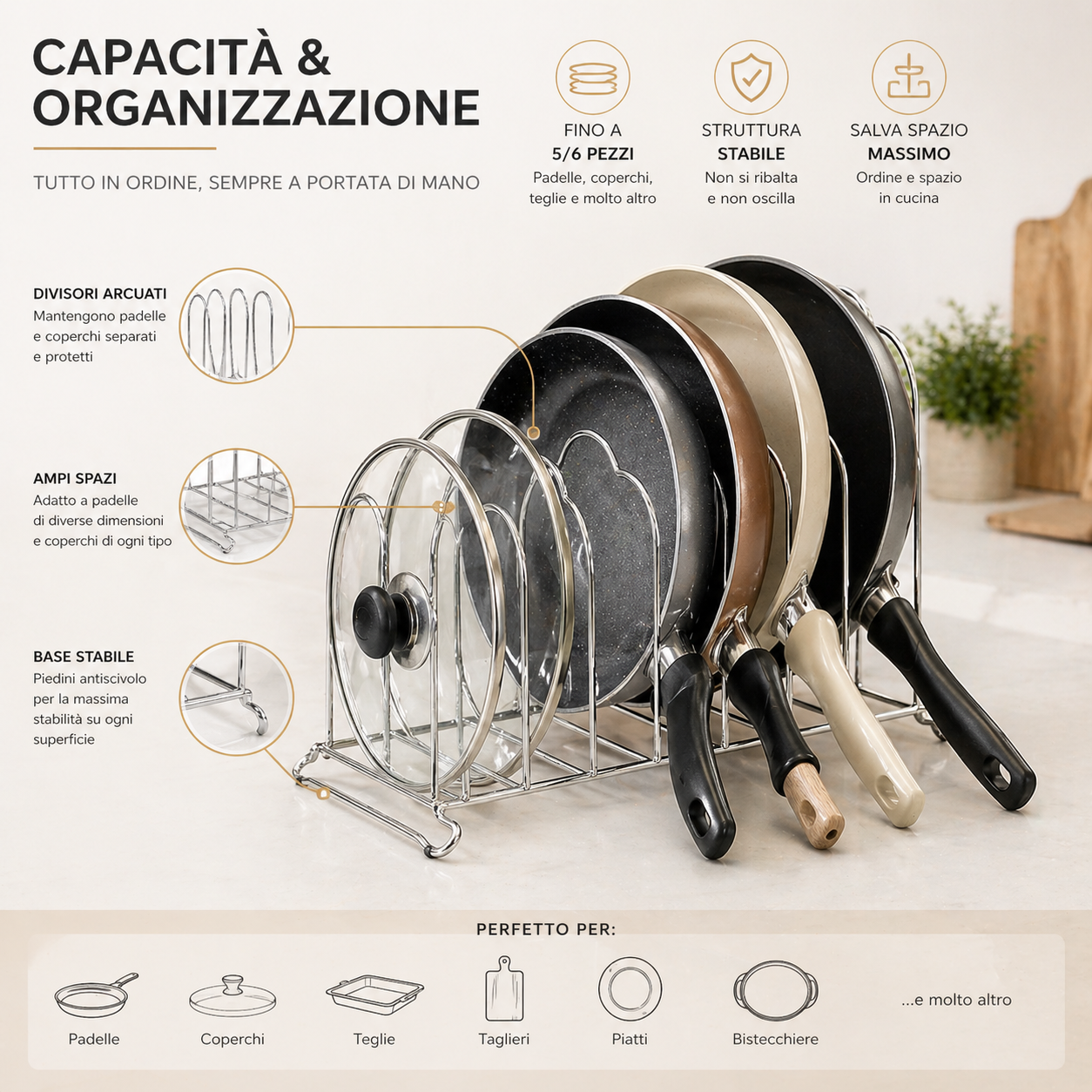 Porta Padelle Salvaspazio con 4 Scomparti in Metallo per Pentole, Coperchi e Tegami