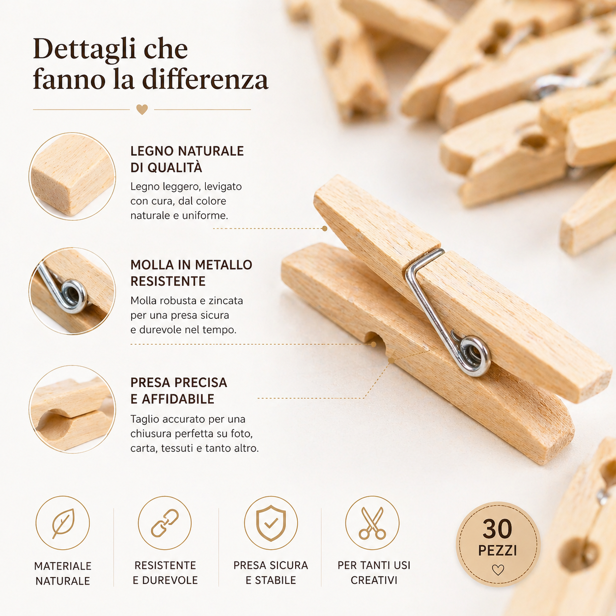 Set 30 Mini Mollette Decorative in Legno 3 cm Ideali per Progetti Fai-da-te