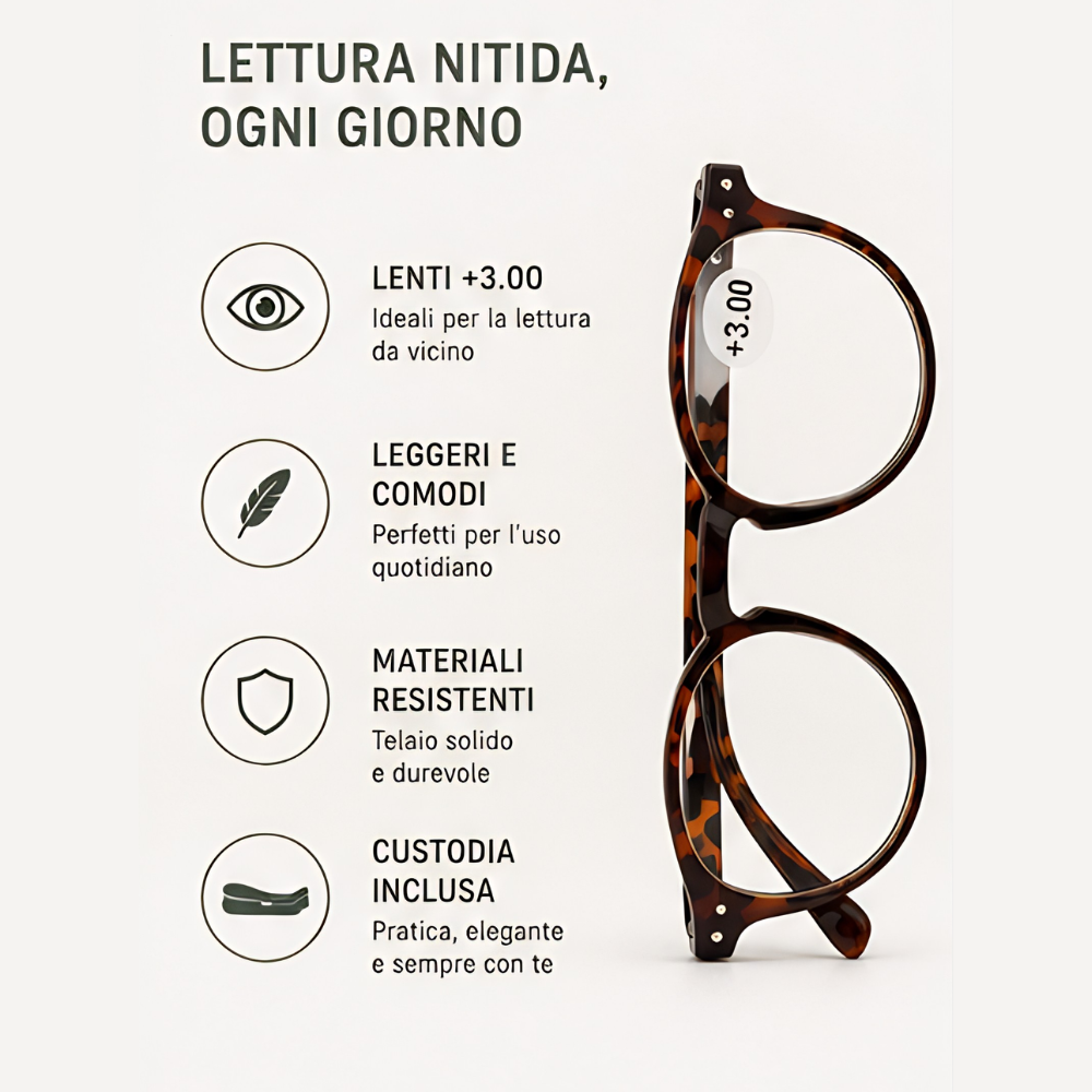 Occhiali da Lettura +3.00 Tartarugati con Custodia Verde