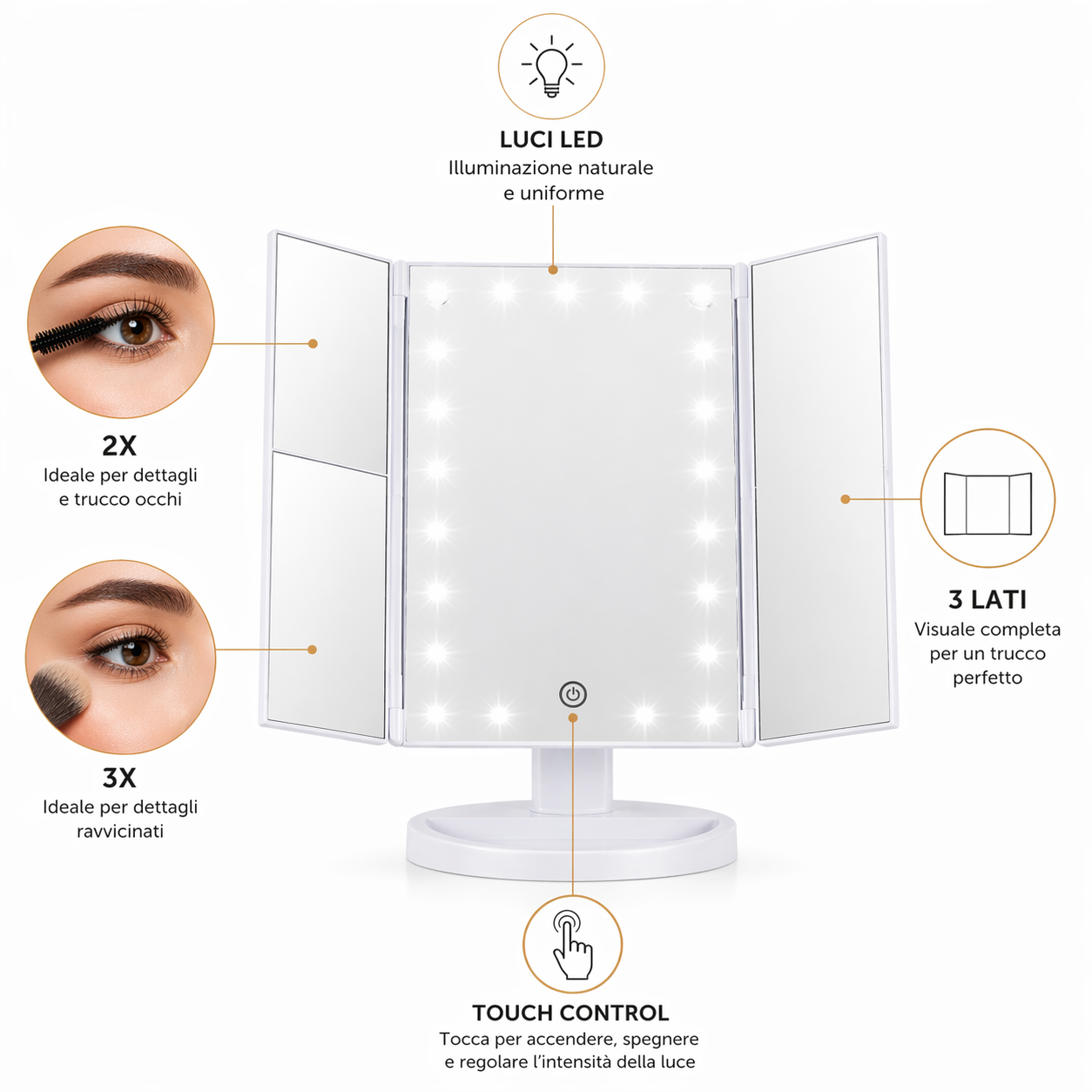 Specchio Trucco Triplo con Luci LED e Zoom Girevole 180°