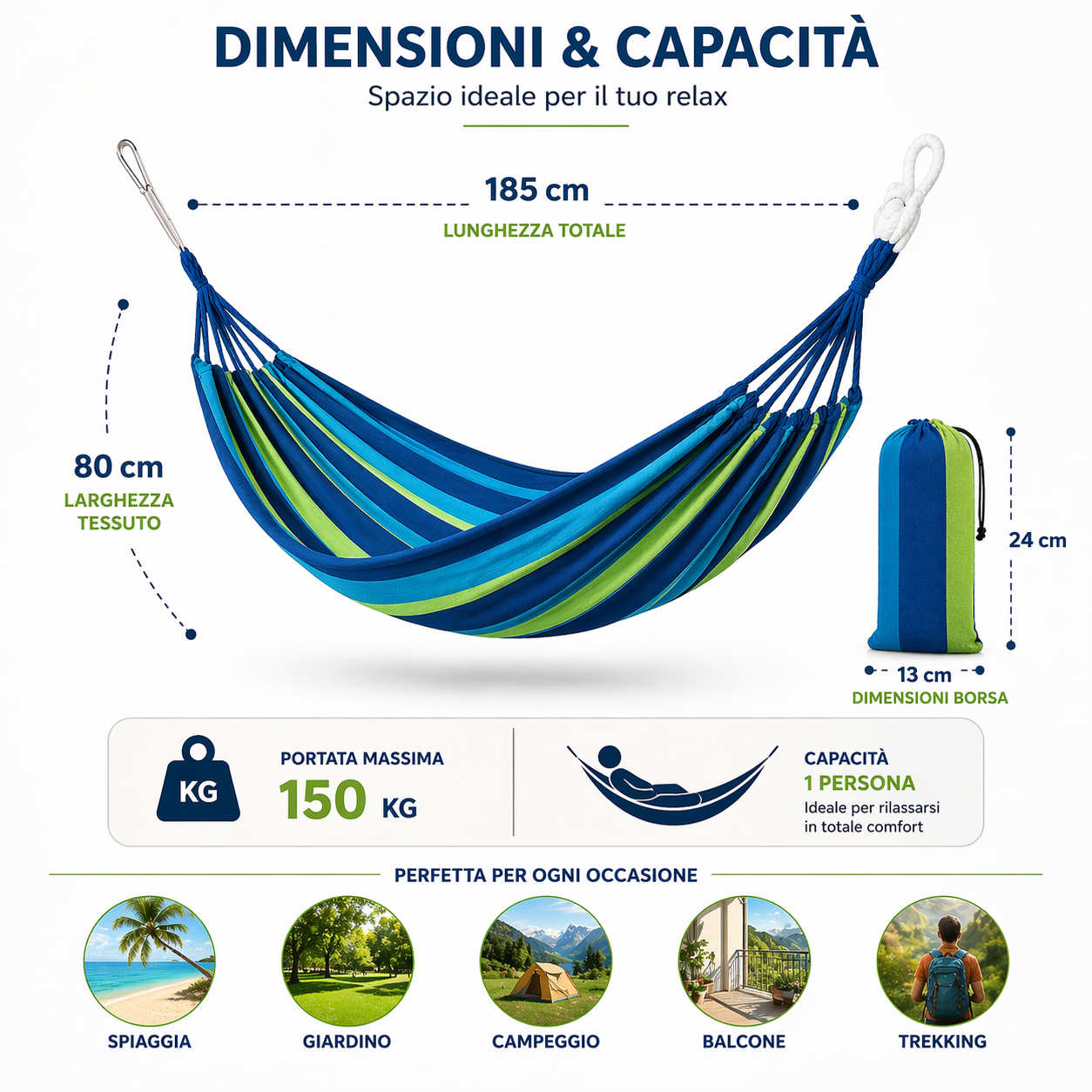 Amaca da Esterno 185x80cm Portatile con Borsa e Corde di Sospensione