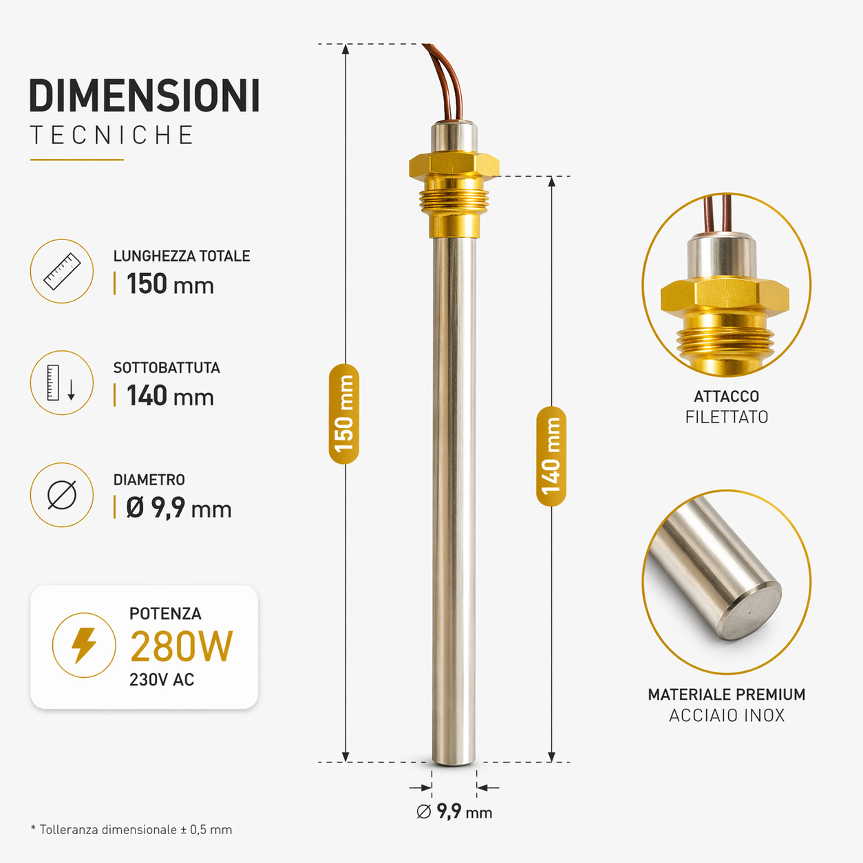 Candeletta Accensione Stufa a Pellet 280W Ø 9,9 mm, Lunghezza 150 mm e Sottobattuta 140 mm