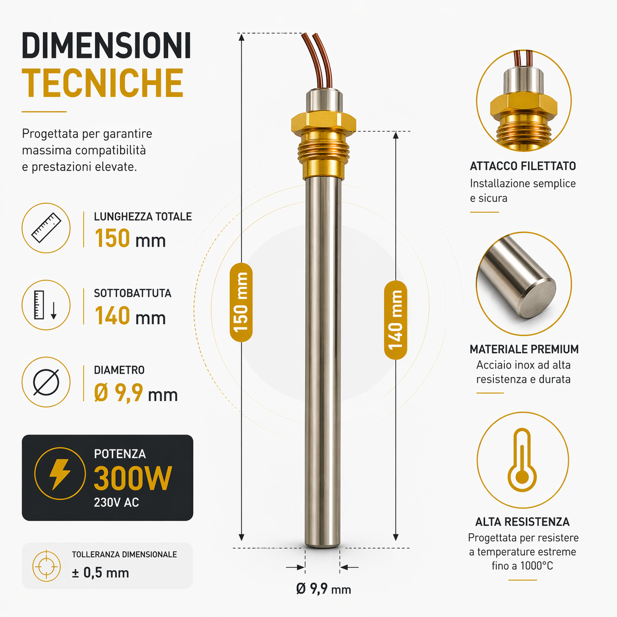 Candeletta Accensione Stufa a Pellet 300W Ø 9,9 mm, Lunghezza 150 mm e Sottobattuta 140 mm