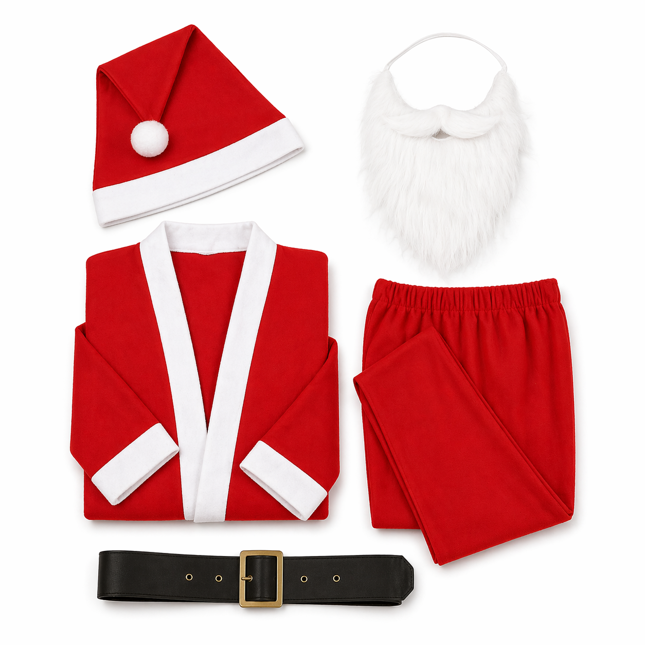 Costume Babbo Natale Uomo Completo con Giacca, Pantalone, Cappello, Cintura e Barba