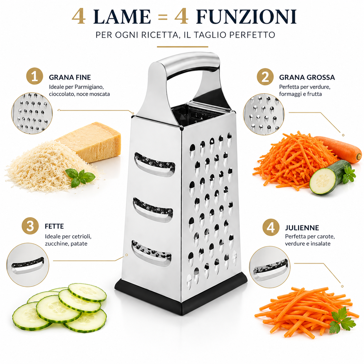 Grattugia Manuale da Cucina con 4 Lame per Formaggio, Verdure e Alimenti