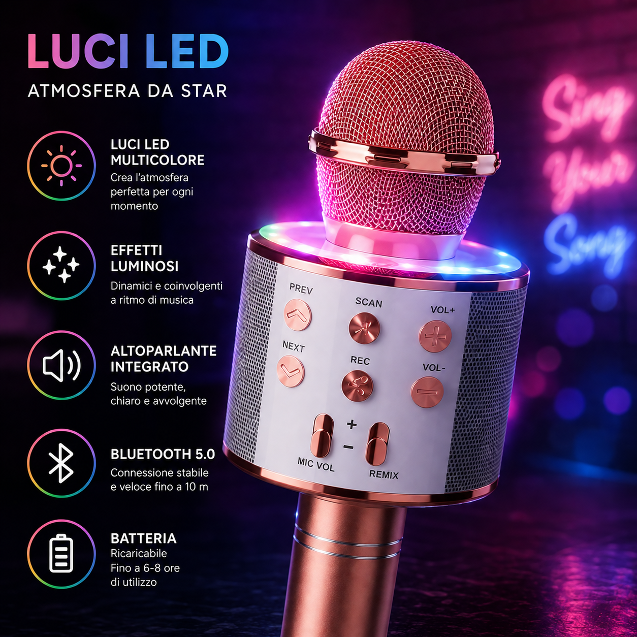 Microfono Karaoke Bluetooth Portatile Wireless con Cassa Integrata e Luci LED