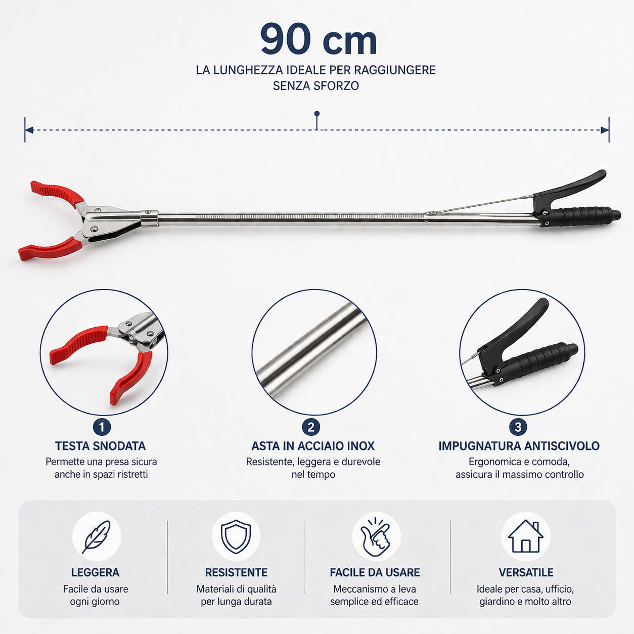 Pinza Raccogli Oggetti 90 cm con Impugnatura Antiscivolo