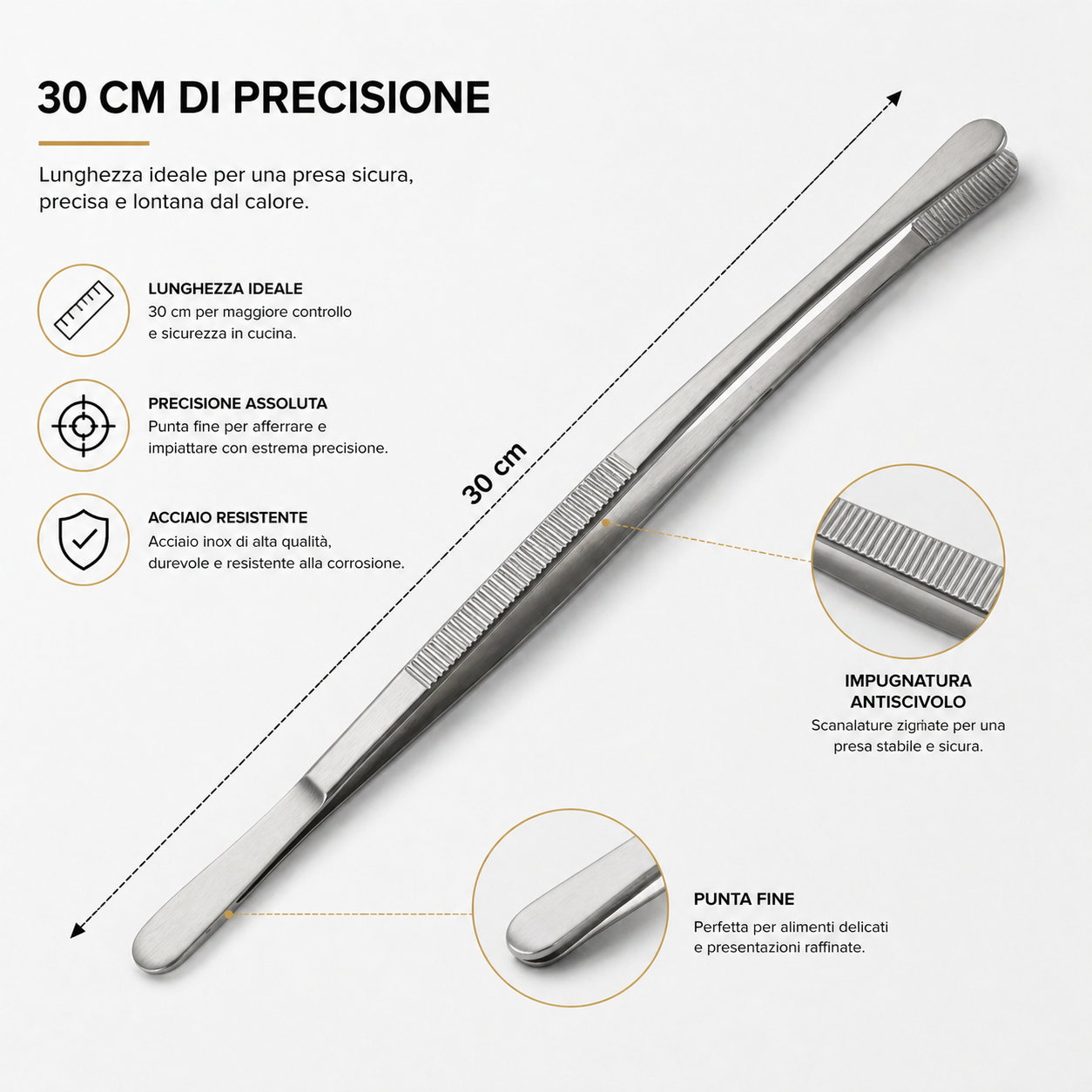 Pinza per Alimenti 30 cm in Acciaio Resistente e Antiscivolo