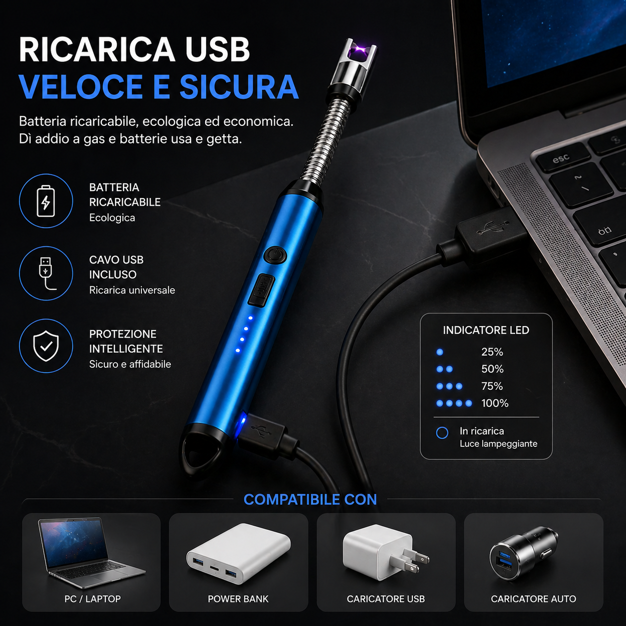 Accendino Elettrico ad Arco USB Ricaricabile