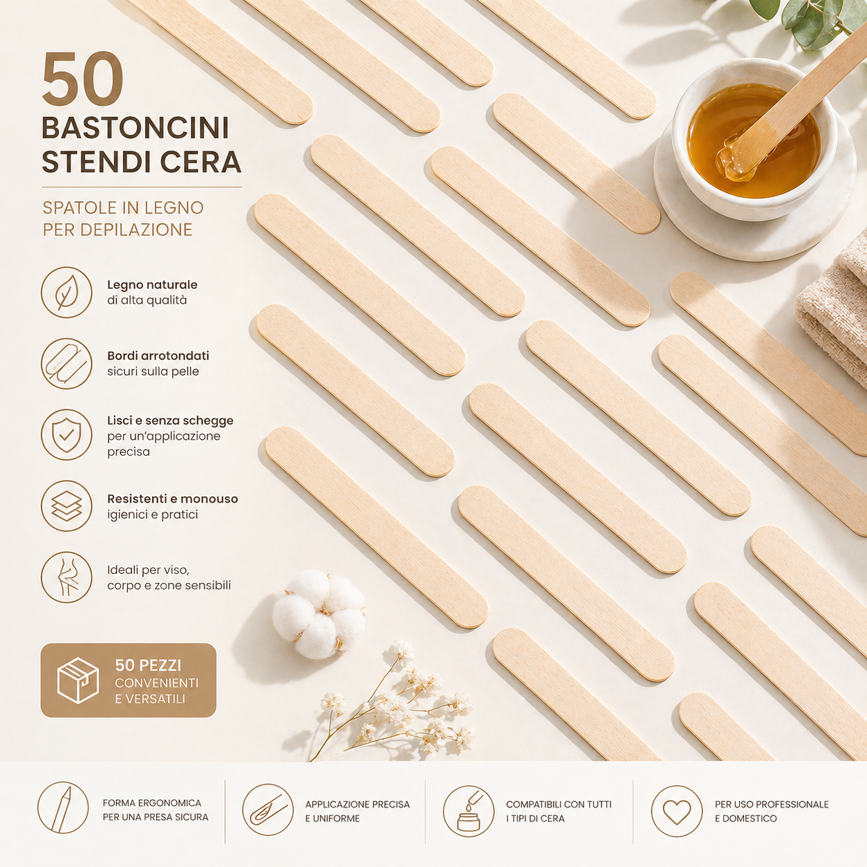 50 Spatole Stendi Cera in Legno per Depilazione Igienica e Professionale