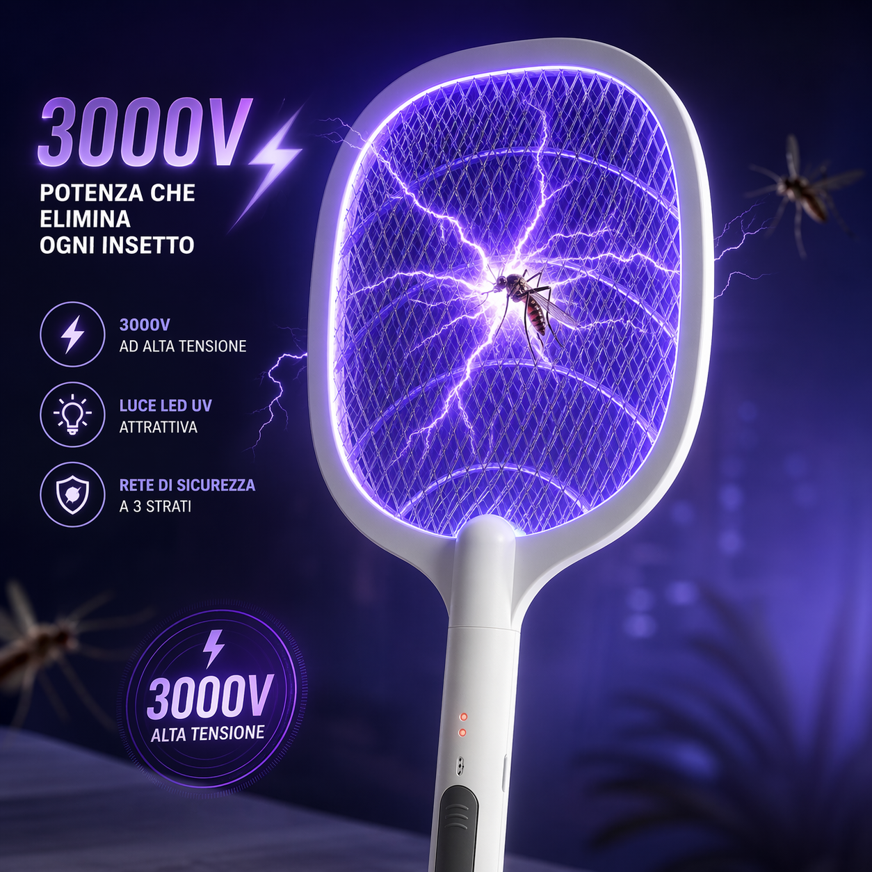 Racchetta Zanzare Elettrica 3000V Ricaricabile USB con Luce LED