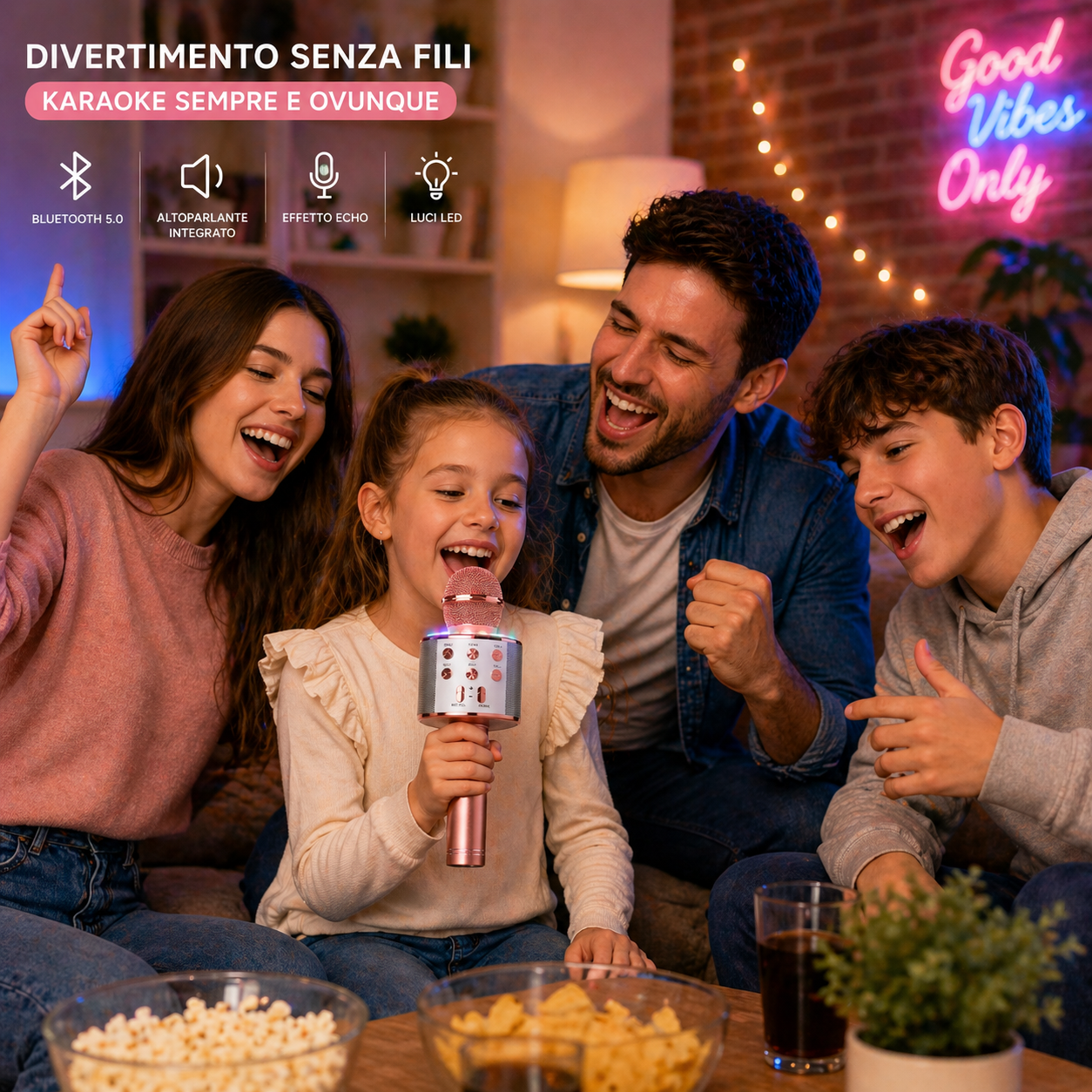 Microfono Karaoke Bluetooth Portatile Wireless con Cassa Integrata e Luci LED