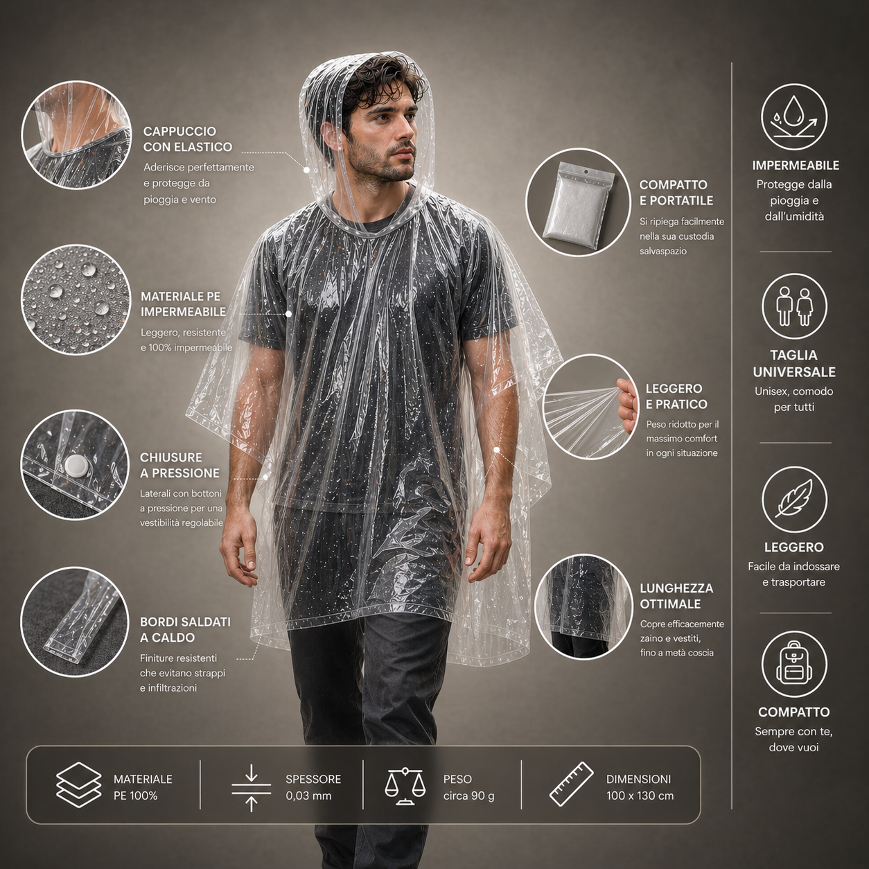 Poncho Impermeabile Usa e Getta Universale con Cappuccio per Uomo e Donna