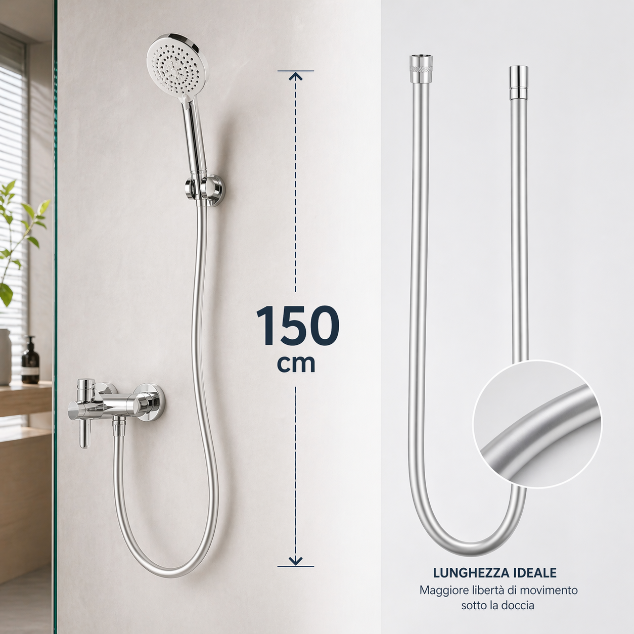 Tubo Flessibile Doccia 150 cm in PVC Argento Antitorsione 1/2” Universale, Resistente e Anti-Piegatura