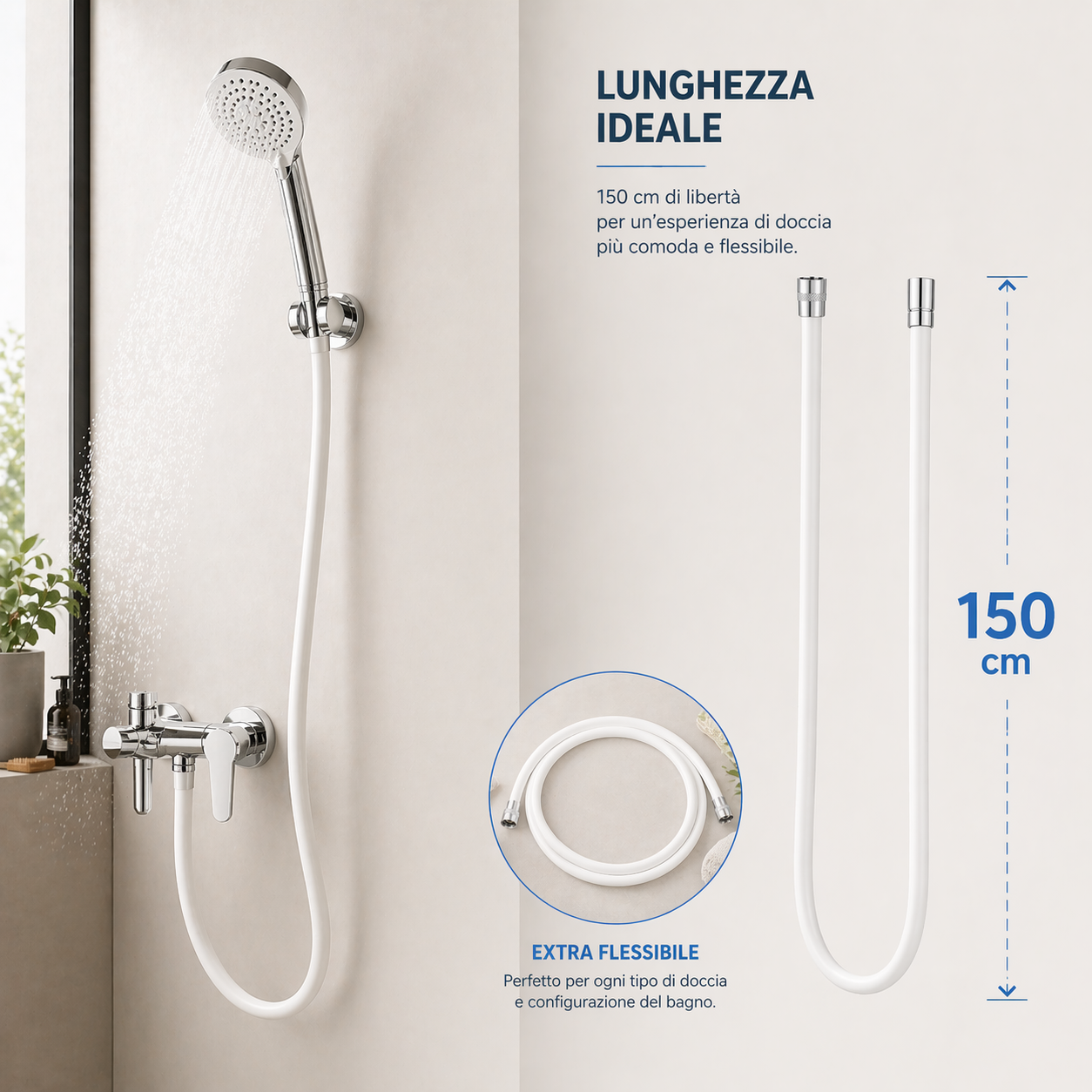 Tubo Doccia 150 cm Universale Bianco con Attacco G1/2” Flessibile Antitorsione e Resistente