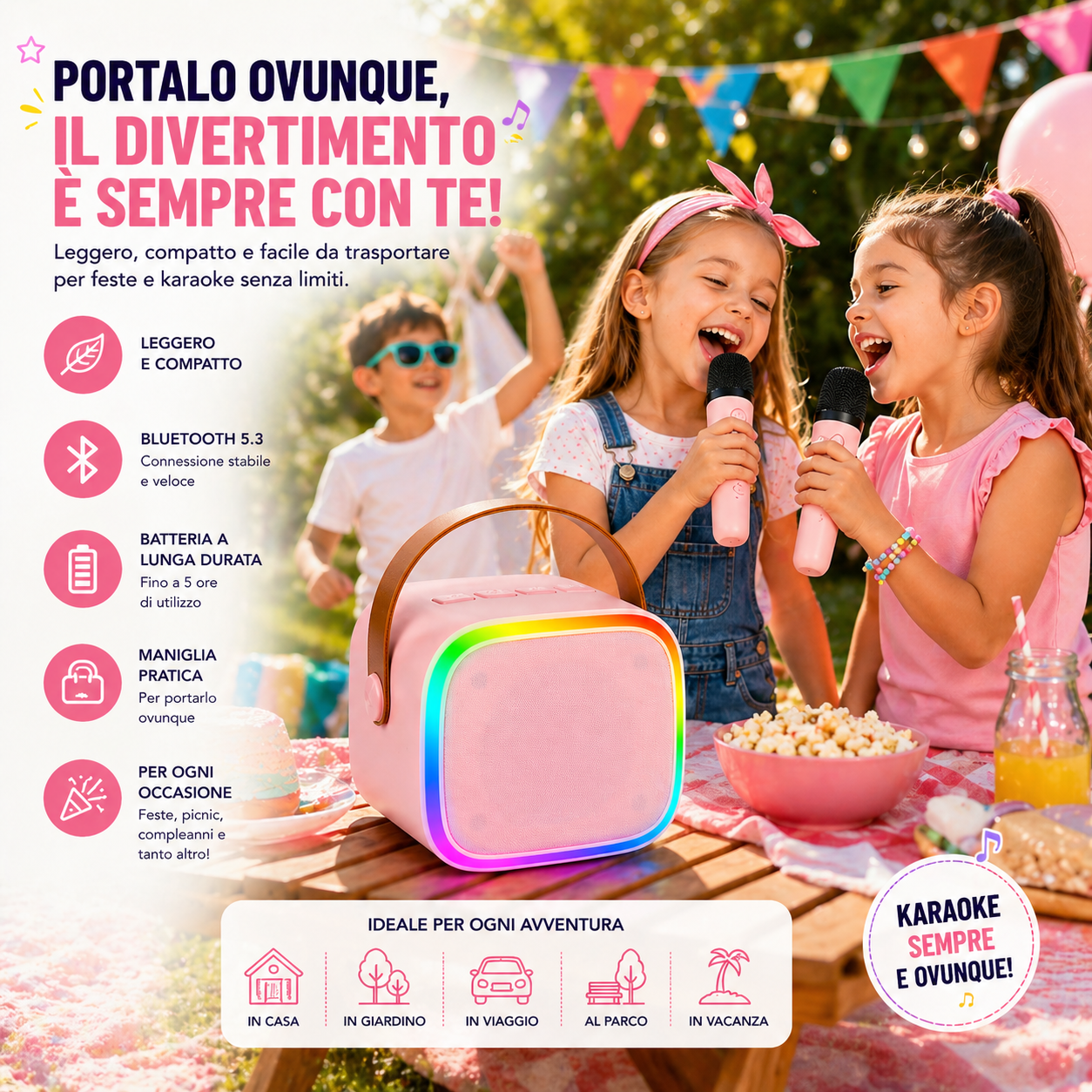 Karaoke Portatile con 2 Microfoni Wireless, Cassa Bluetooth, Luci LED ed Effetti Voce