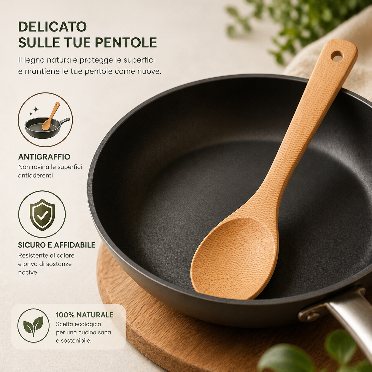 Cucchiaio da Cucina in Bambù 30 cm Antigraffio ed Ecologico