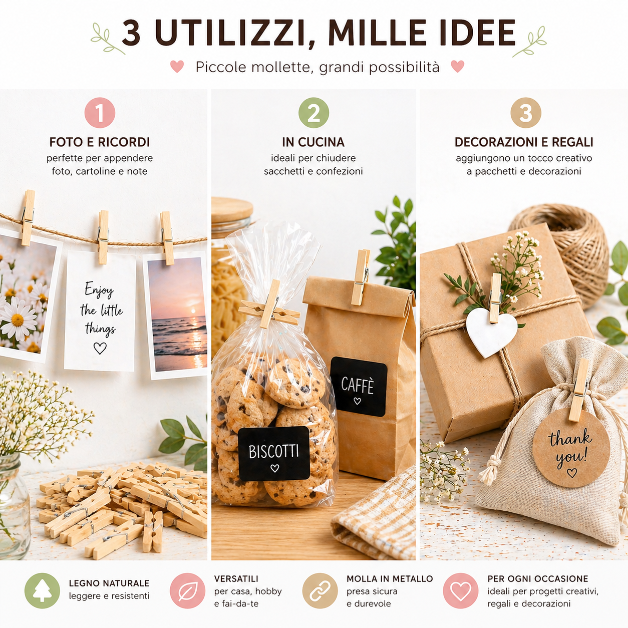 Set 30 Mini Mollette Decorative in Legno 3 cm Ideali per Progetti Fai-da-te
