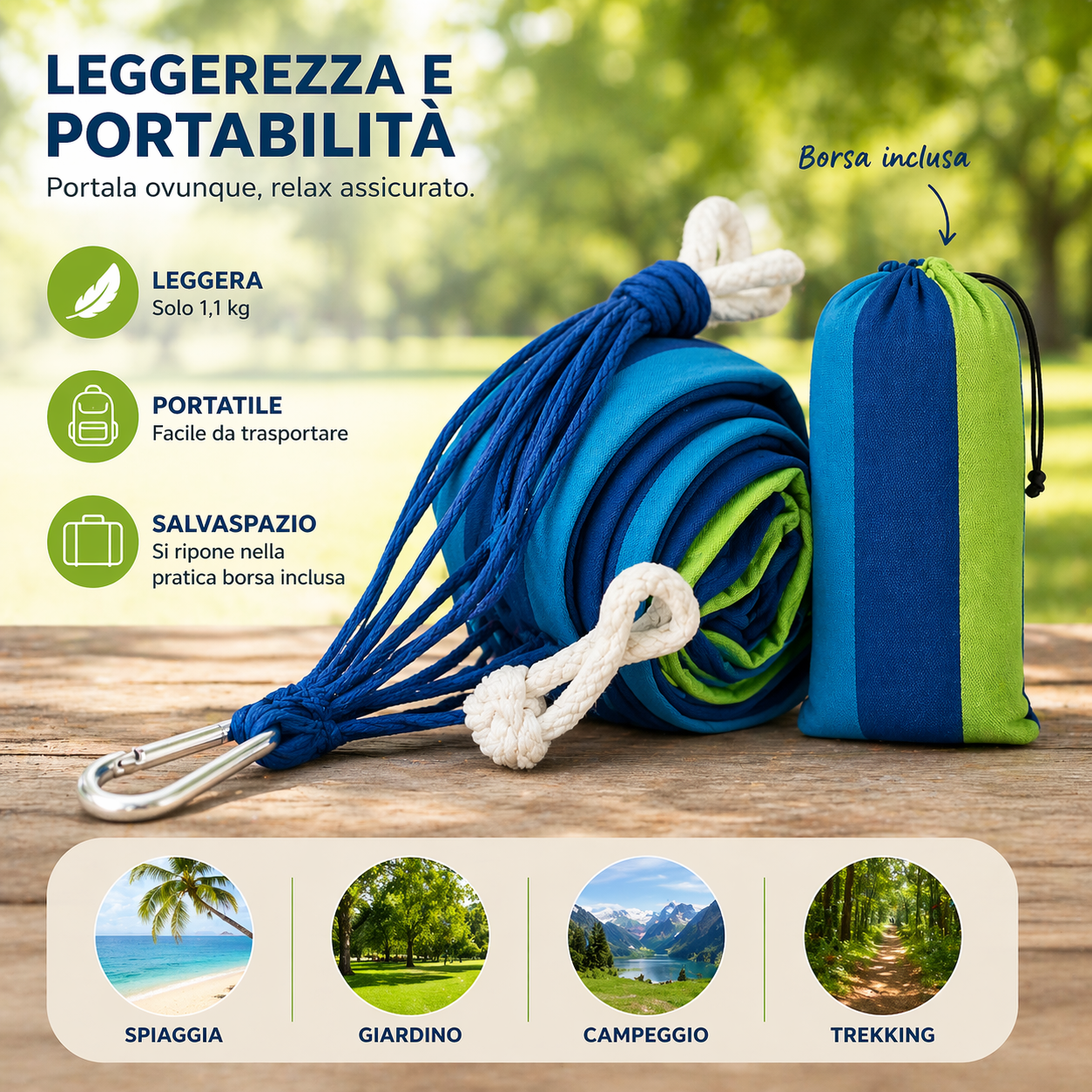 Amaca da Esterno 185x80cm Portatile con Borsa e Corde di Sospensione