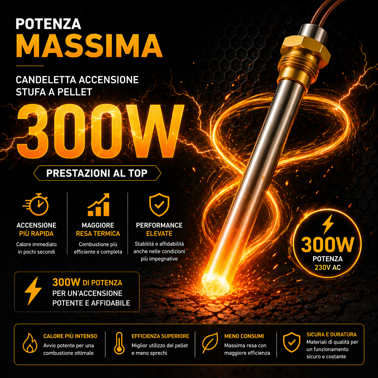 Candeletta Accensione Stufa a Pellet 300W Ø 9,9 mm, Lunghezza 150 mm e Sottobattuta 140 mm