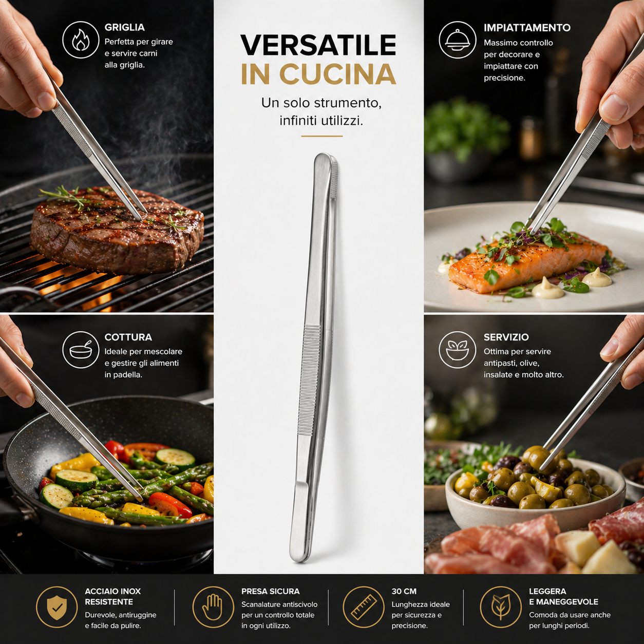 Pinza per Alimenti 30 cm in Acciaio Resistente e Antiscivolo