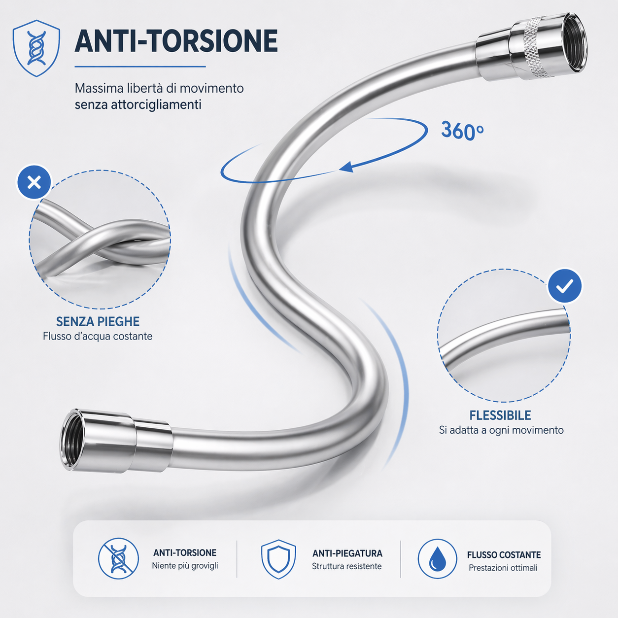 Tubo Flessibile Doccia 150 cm in PVC Argento Antitorsione 1/2” Universale, Resistente e Anti-Piegatura