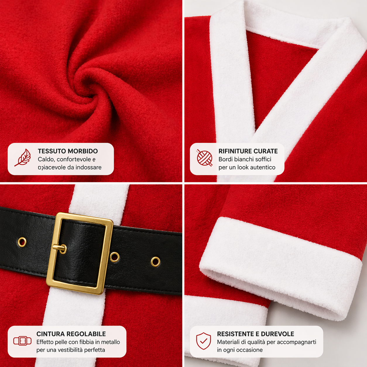 Costume Babbo Natale Uomo Completo con Giacca, Pantalone, Cappello, Cintura e Barba
