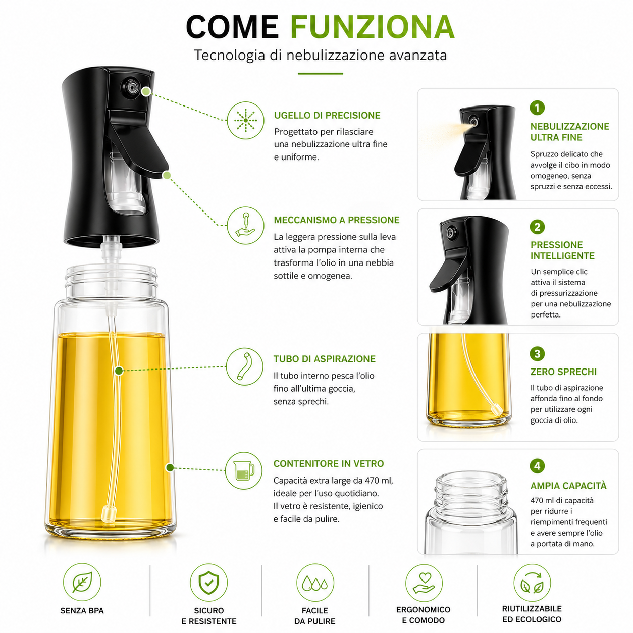 Spray Olio Nebulizzatore Antigoccia in Vetro per Cucina
