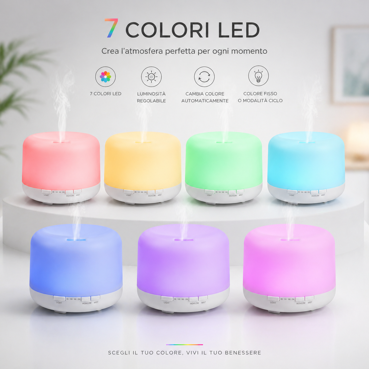 Diffusore Oli Essenziali 500ml con 7 LED e Telecomando