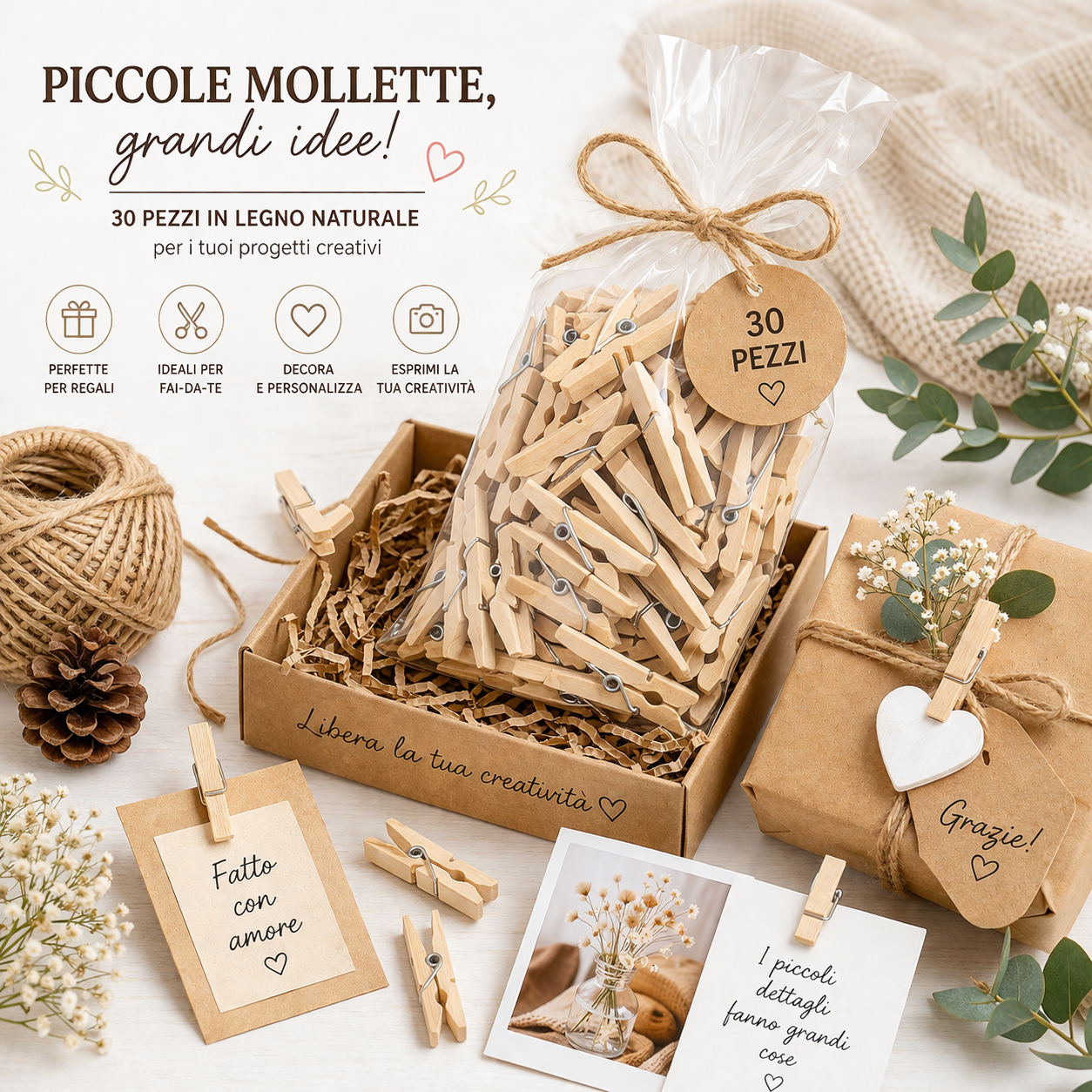 Set 30 Mini Mollette Decorative in Legno 3 cm Ideali per Progetti Fai-da-te