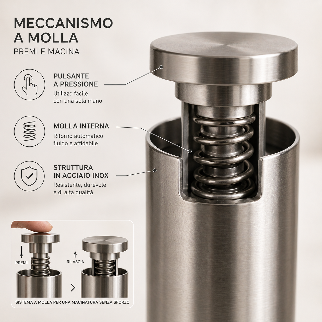 Macina Pepe e Sale a Pressione in Acciaio Inox