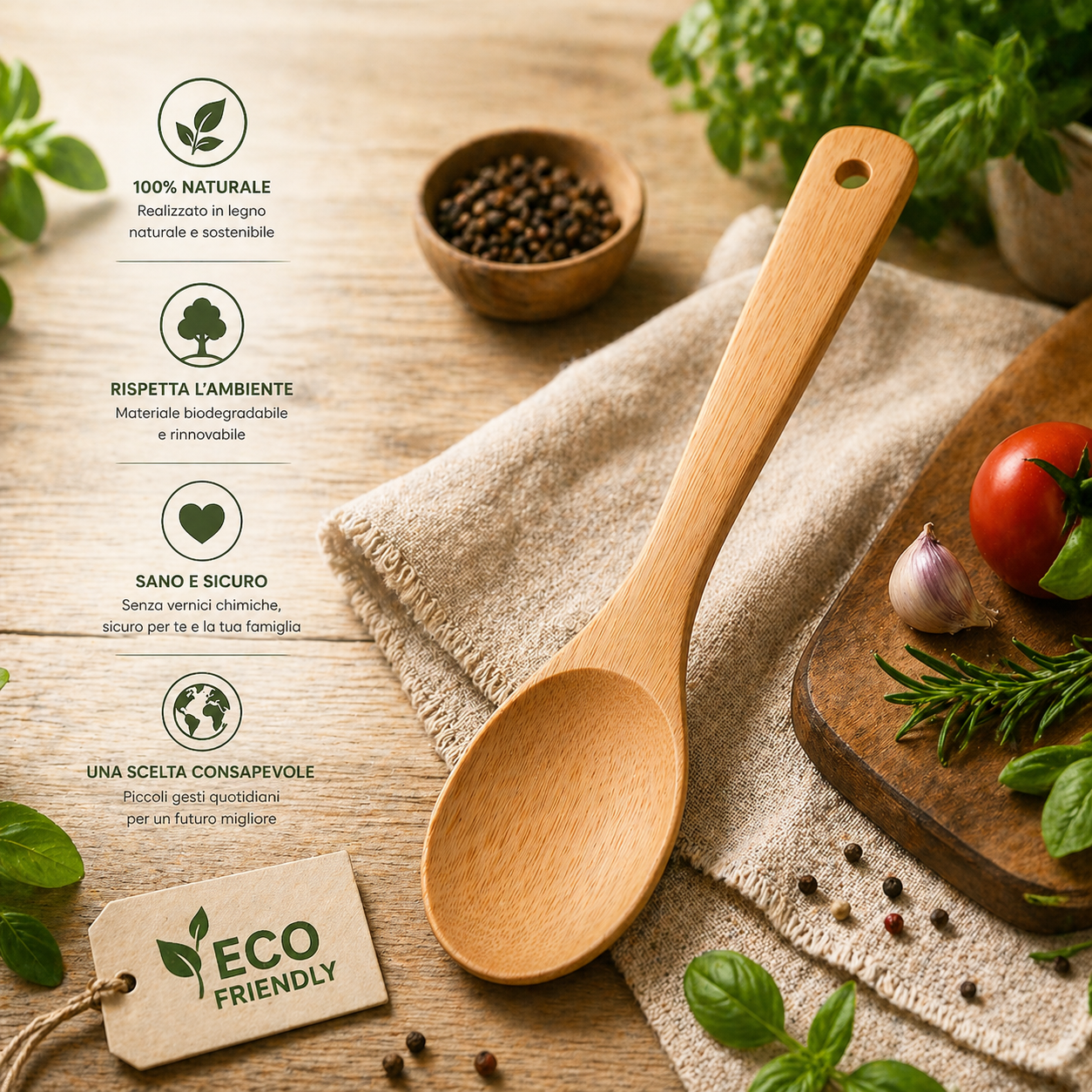 Cucchiaio da Cucina in Bambù 30 cm Antigraffio ed Ecologico
