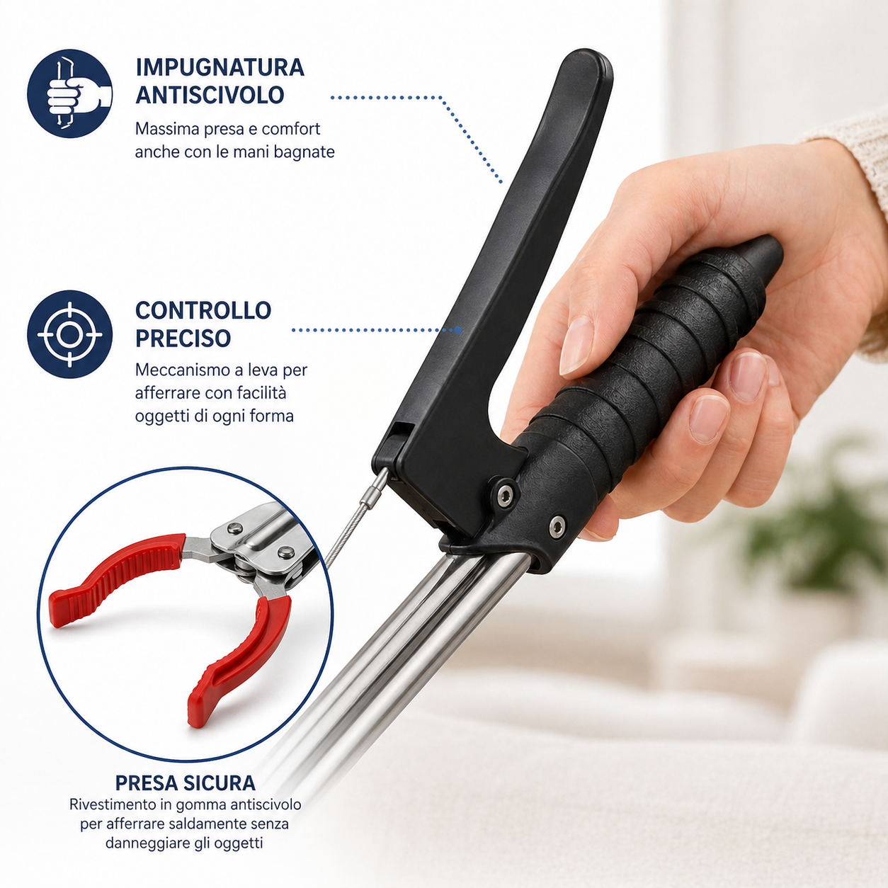 Pinza Raccogli Oggetti 90 cm con Impugnatura Antiscivolo