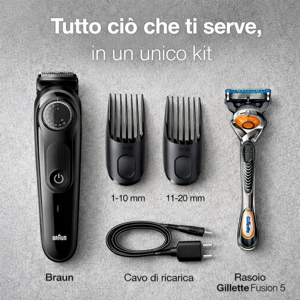 Braun BT5242 Regolabarba e Tagliacapelli Uomo con Rasoio Gillette Fusion 5