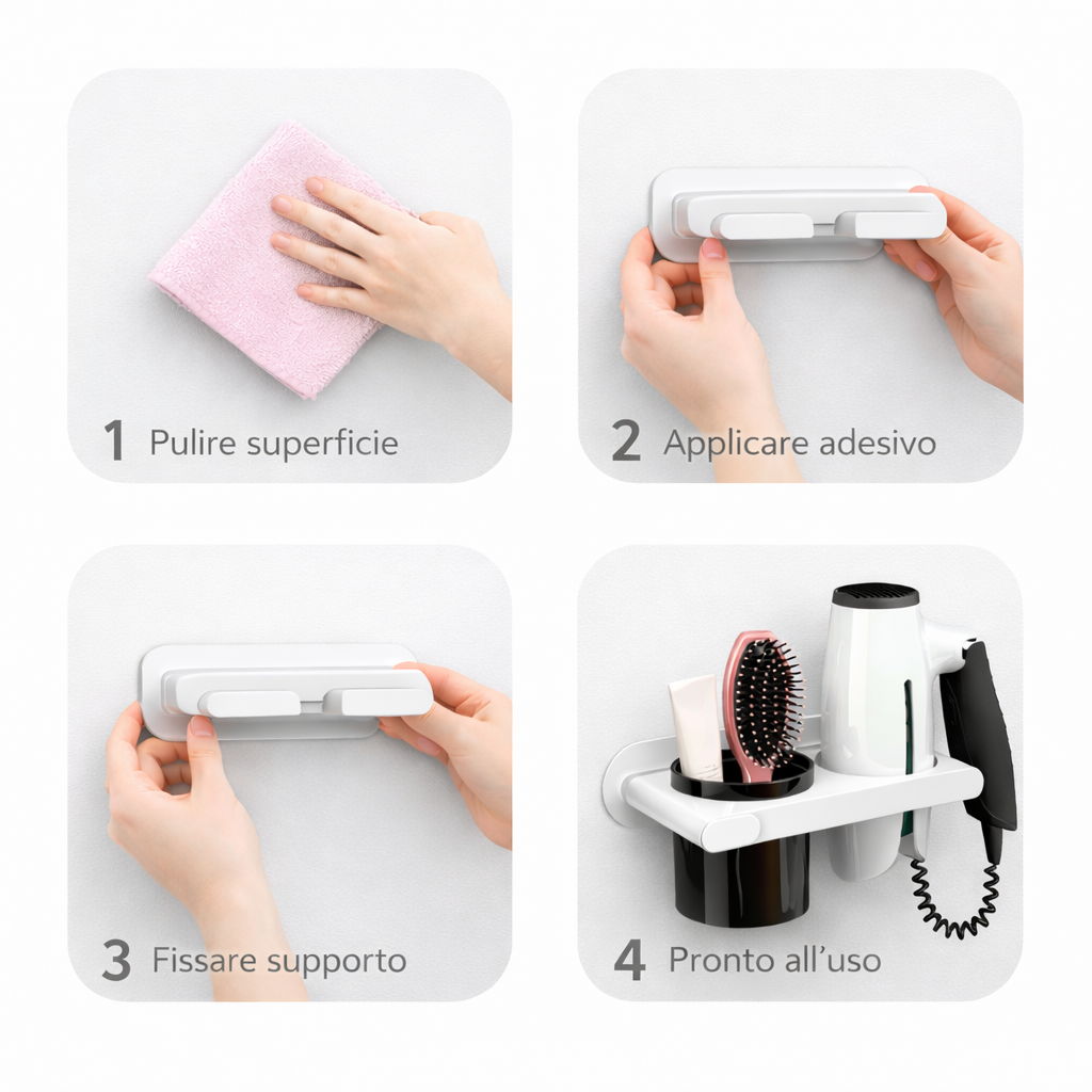Supporto Adesivo a Parete da Bagno per Phon e Spazzola