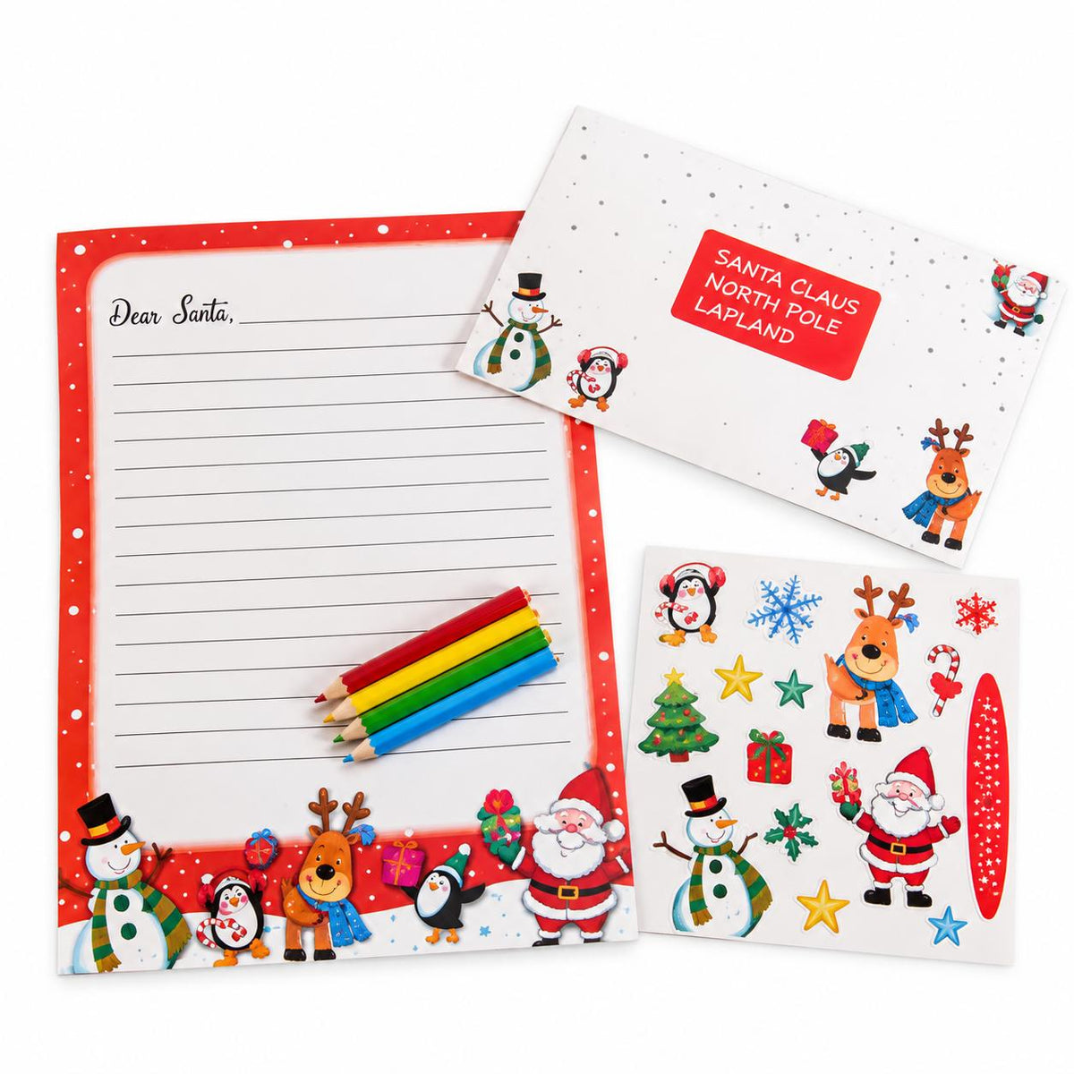 Kit Letterina a Babbo Natale con Busta, Adesivi e 4 Matite Colorate