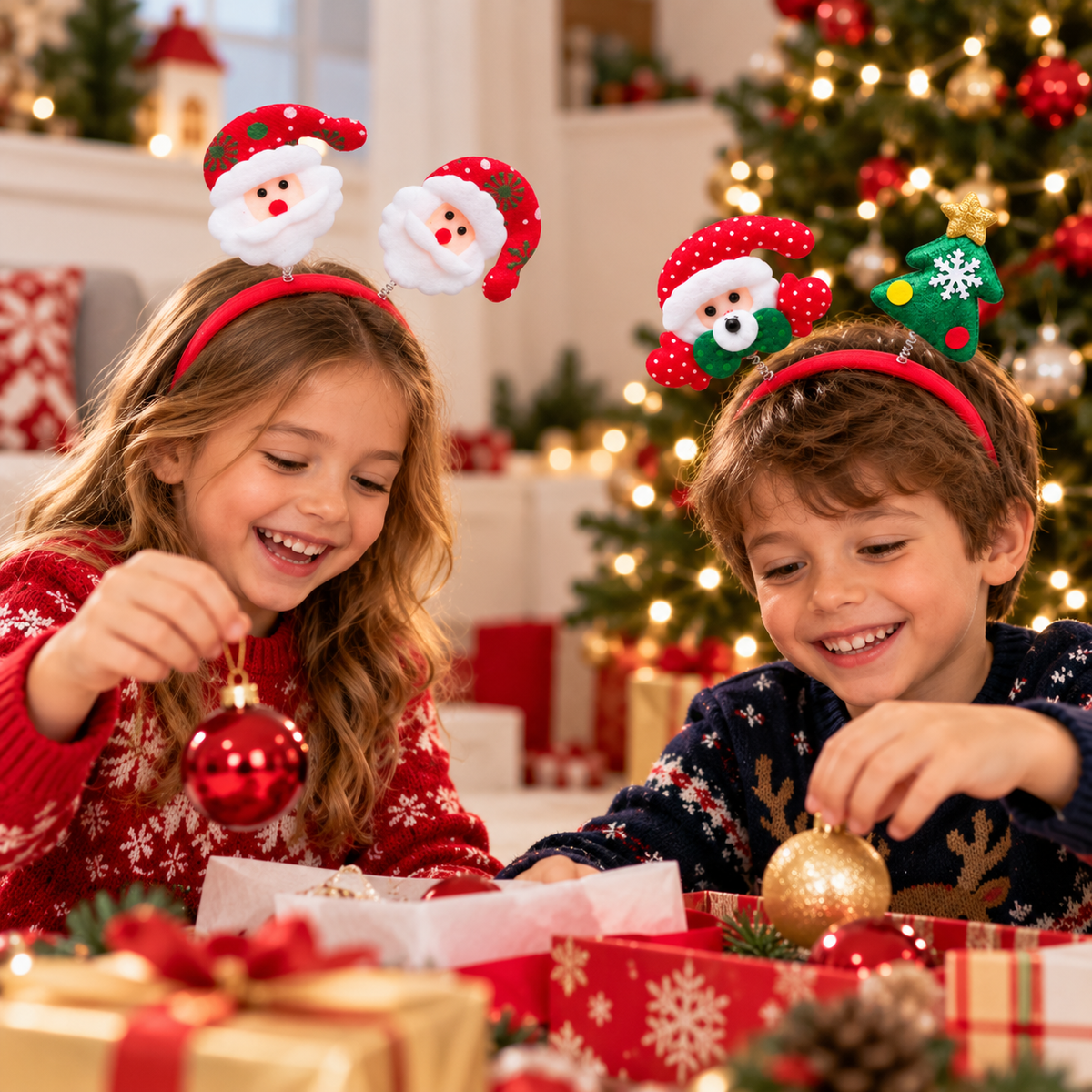 Set 6 Cerchietti Natalizi per Capelli con Babbo Natale, Orsetto e Alberi di Natale