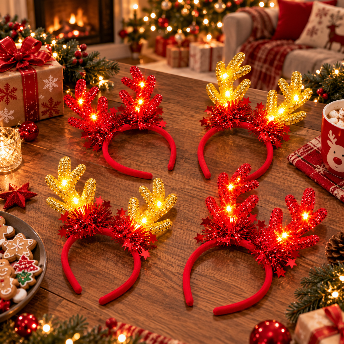 Set 4 Cerchietti Natalizi Luminosi LED con Corna di Renna Rosse e Dorate