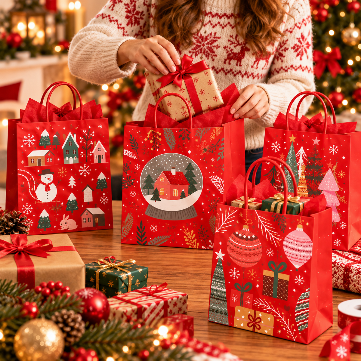 Set 4 Buste Regalo Natalizie Rosse con Manici Fantasie Assortite