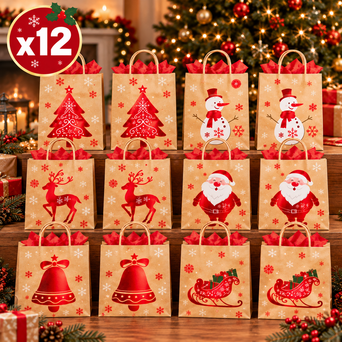 Set 12 Buste Regalo Natalizie in Carta con Manici – 6 Fantasie Assortite