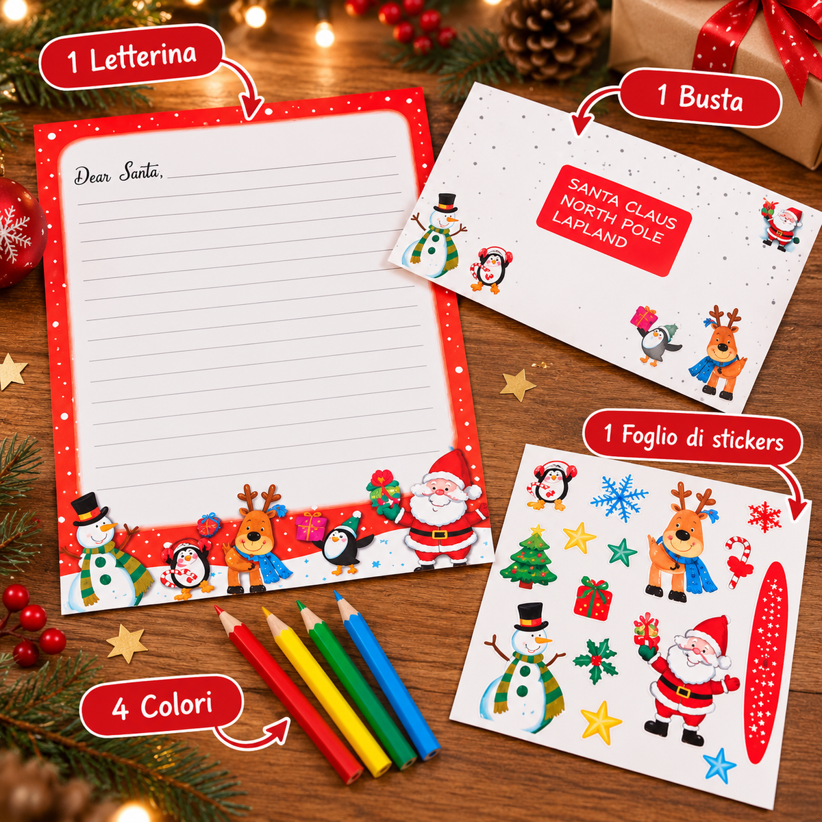 Kit Letterina a Babbo Natale con Busta, Adesivi e 4 Matite Colorate