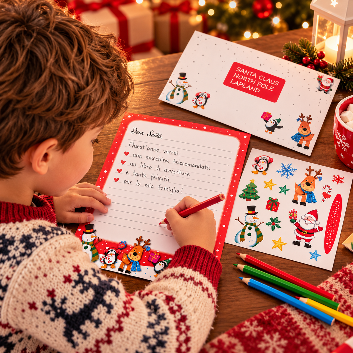 Kit Letterina a Babbo Natale con Busta, Adesivi e 4 Matite Colorate
