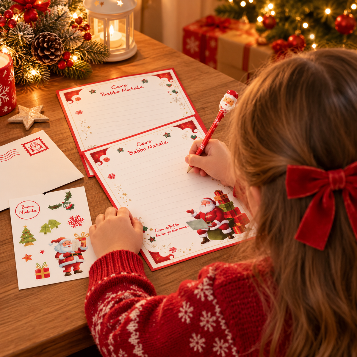 Kit Letterina a Babbo Natale con Busta, Adesivi e Matita Natalizia