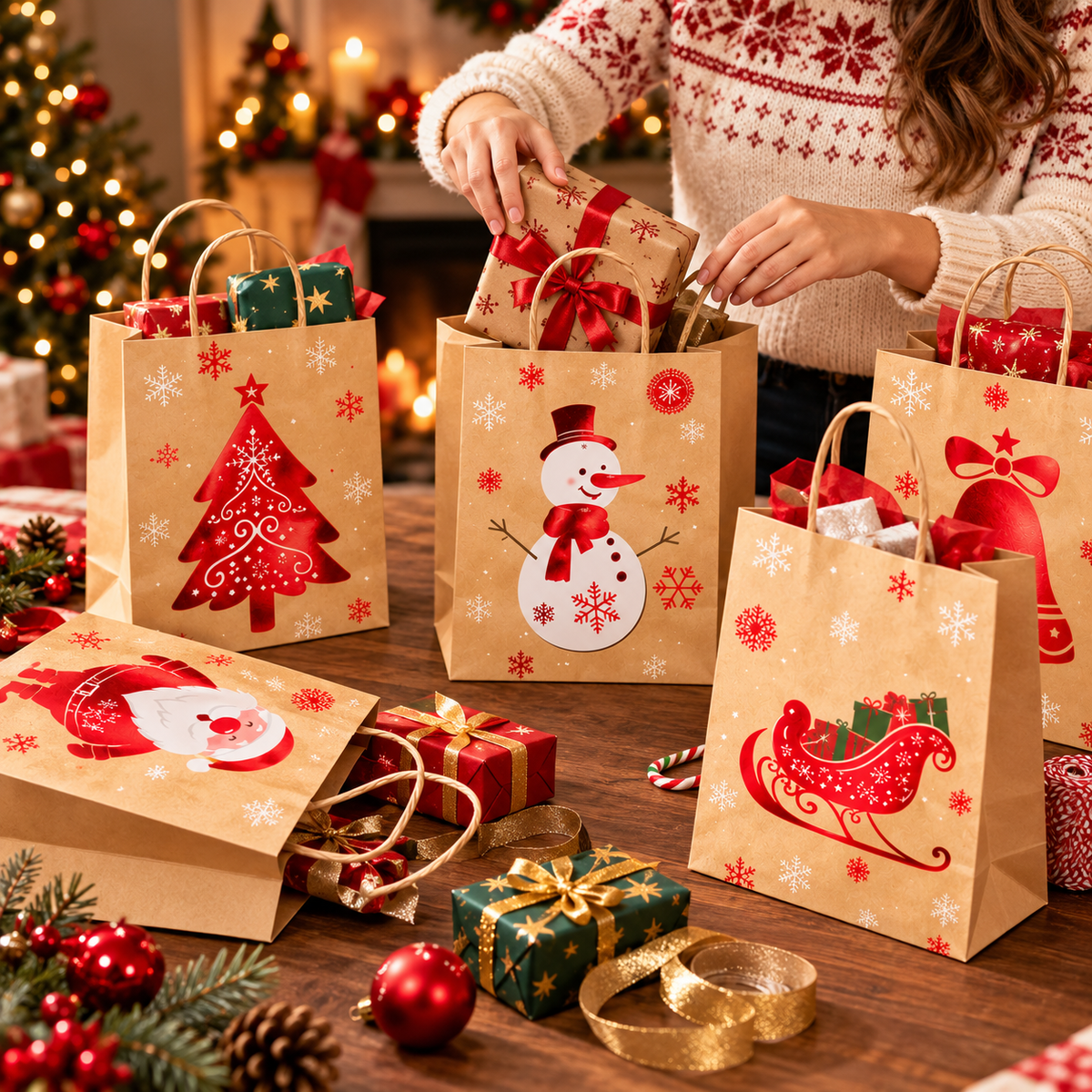 Set 12 Buste Regalo Natalizie in Carta con Manici – 6 Fantasie Assortite