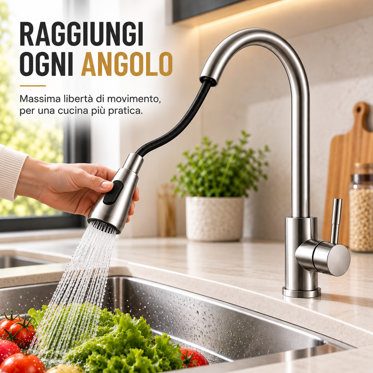 Rubinetto Miscelatore Cucina in Acciaio Satinato con Doccetta Estensibile e 2 Getti