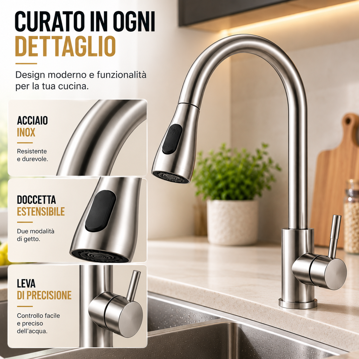 Rubinetto Miscelatore Cucina in Acciaio Satinato con Doccetta Estensibile e 2 Getti