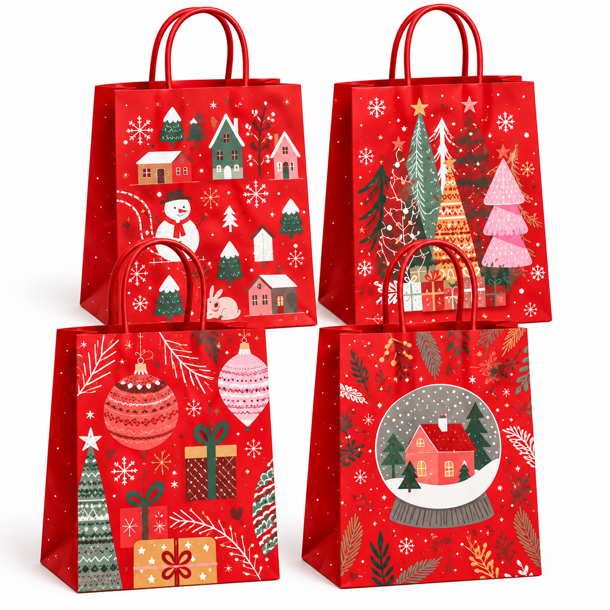 Set 4 Buste Regalo Natalizie Rosse con Manici Fantasie Assortite