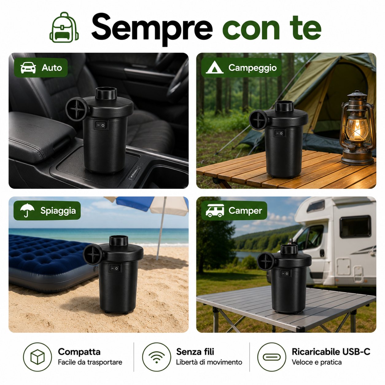 Pompa D'Aria Elettrica Ricaricabile Ideale per Materassini e Campeggio