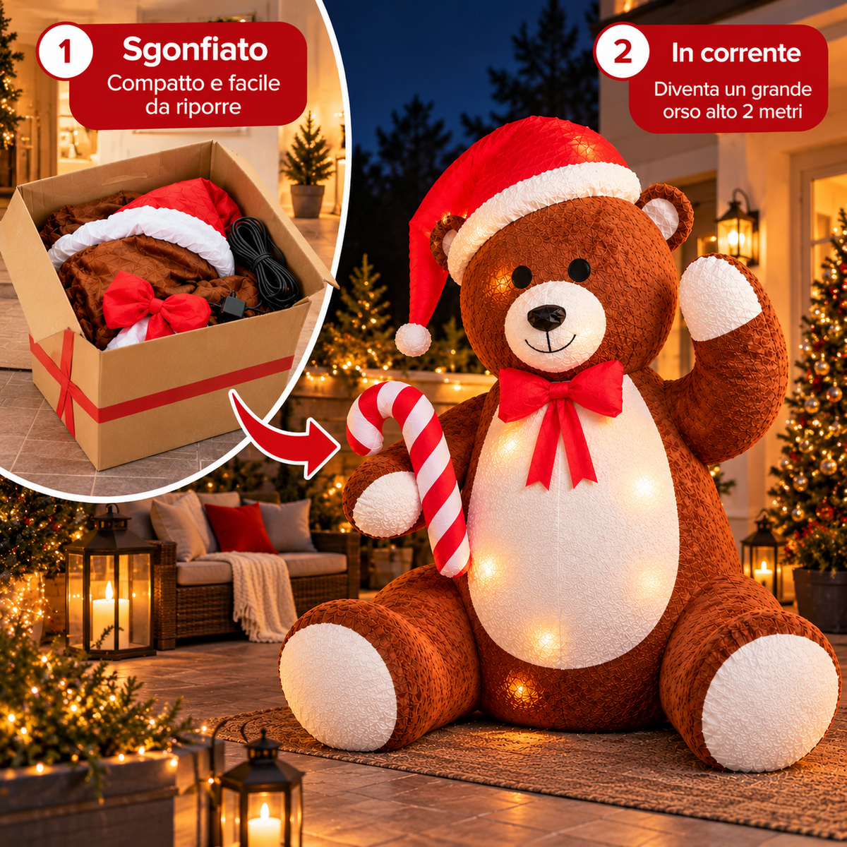 Orso Gonfiabile Natalizio Gigante 200 cm con Luci LED